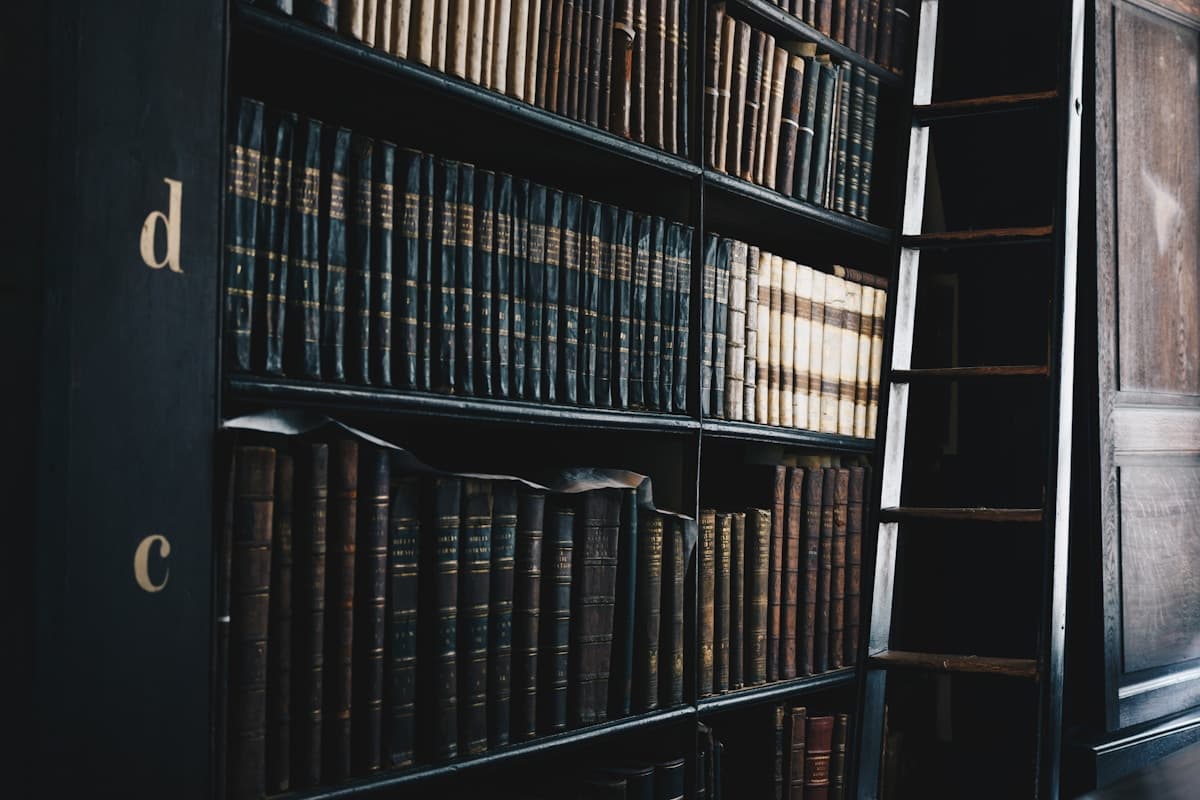 Leather-bound legal volumes and reference books on a shelf