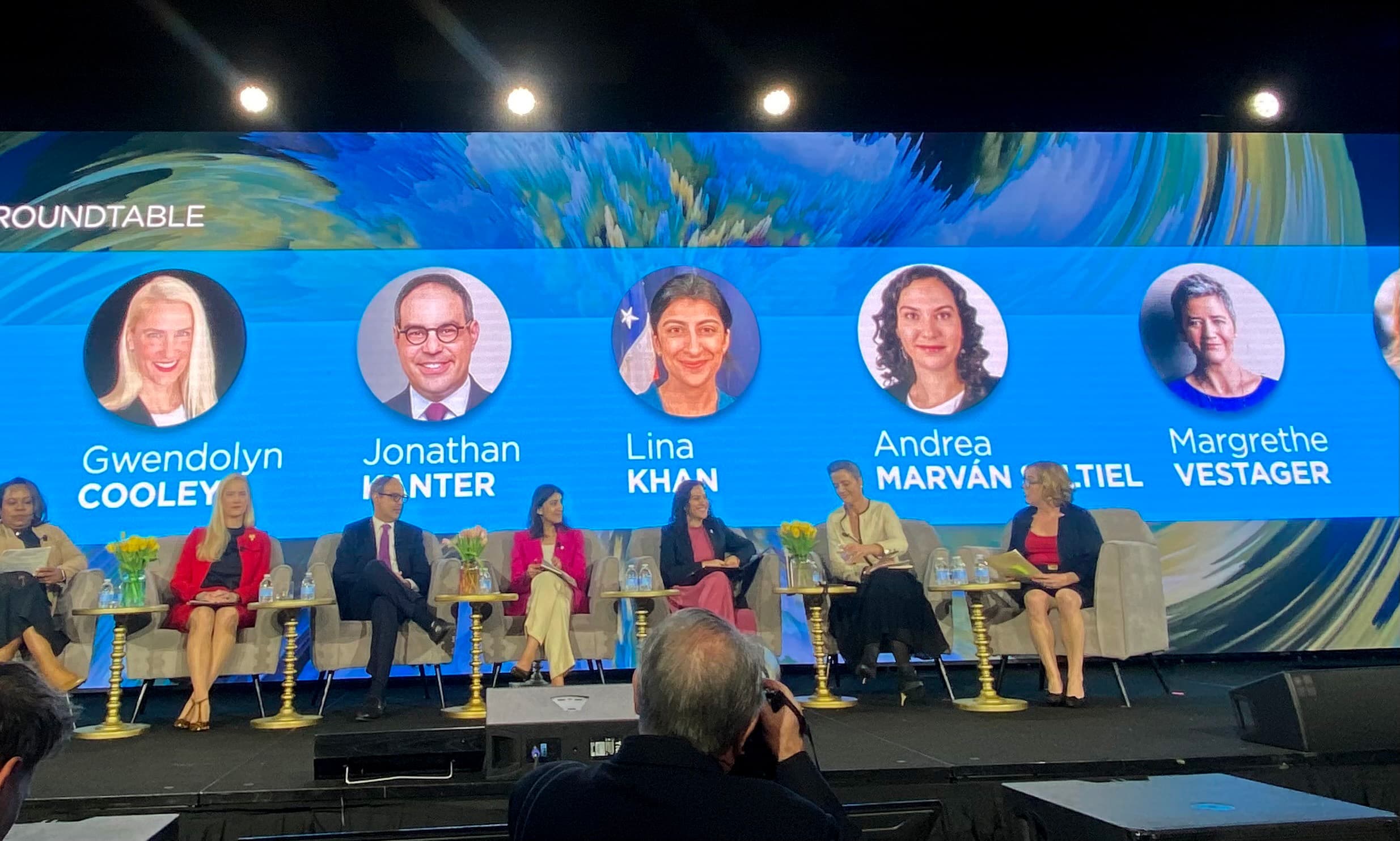 Gwendolyn J. Lindsay Cooley on stage at the ABA Antitrust Spring Meeting Enforcers' Roundtable alongside Lina Khan (FTC), Jonathan Kanter (DOJ), Margrethe Vestager (EU), and Sarah Cardell (UK CMA)