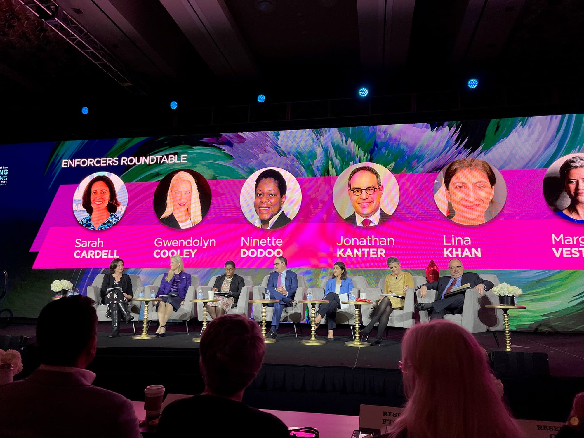 Gwendolyn J. Lindsay Cooley at the Enforcers' Roundtable panel with Sarah Cardell, Ninette Dodoo, Jonathan Kanter, Lina Khan, and Margrethe Vestager - ABA Antitrust Spring Meeting, Washington D.C.